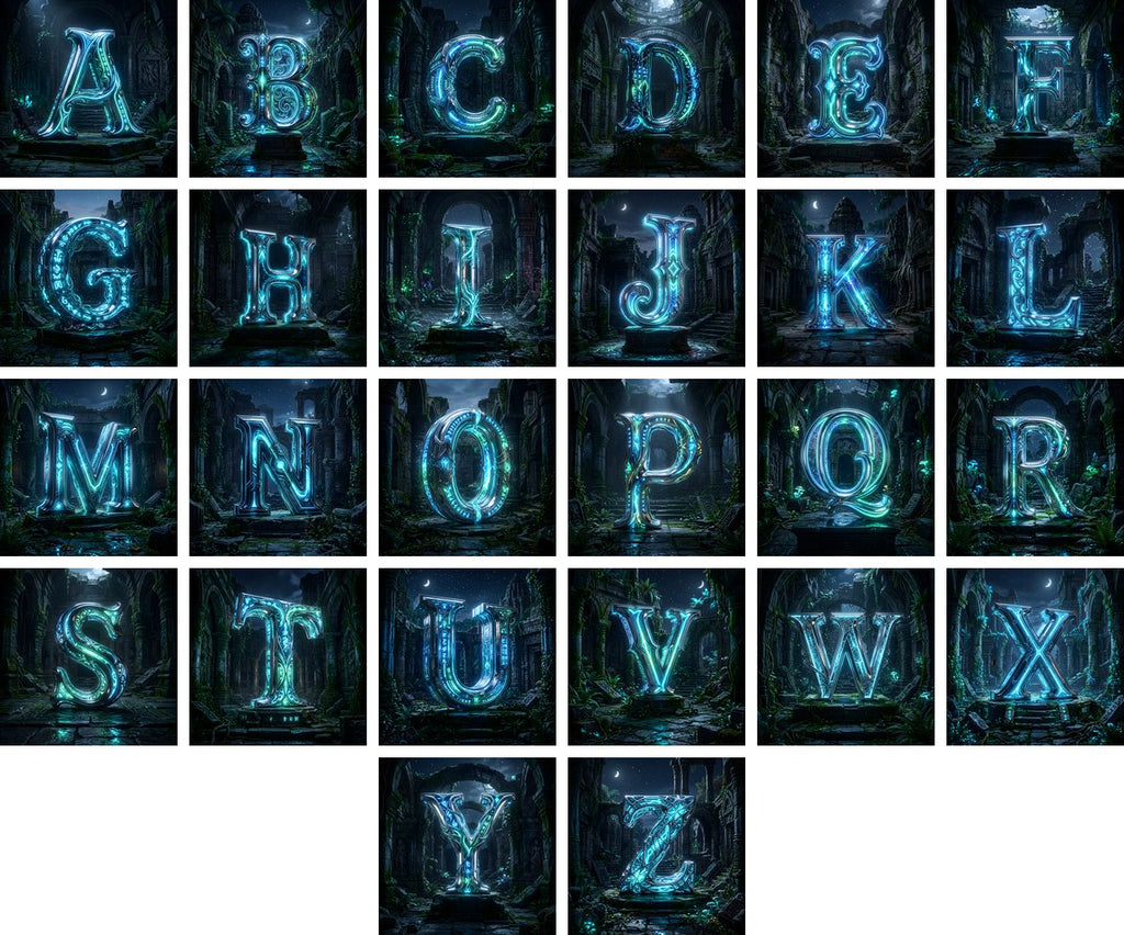 Bioluminescent Grotto alphabet — all 26 letters