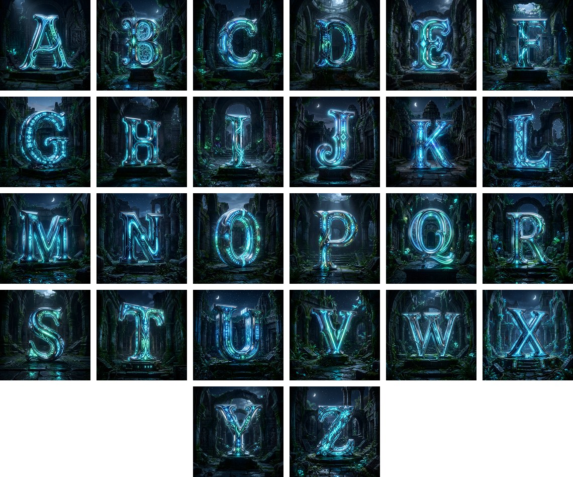 Bioluminescent Grotto alphabet — all 26 letters