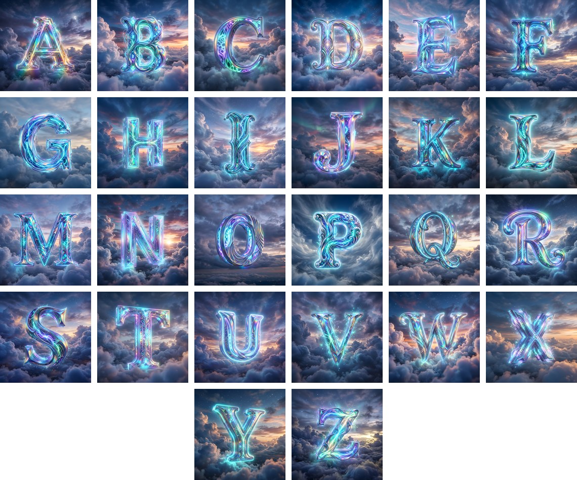 Cloud Sky Iridescent alphabet — all 26 letters