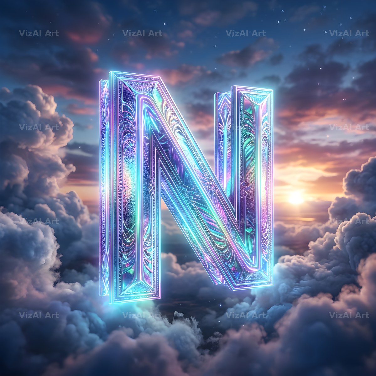 Cloud Sky Iridescent alphabet letter N