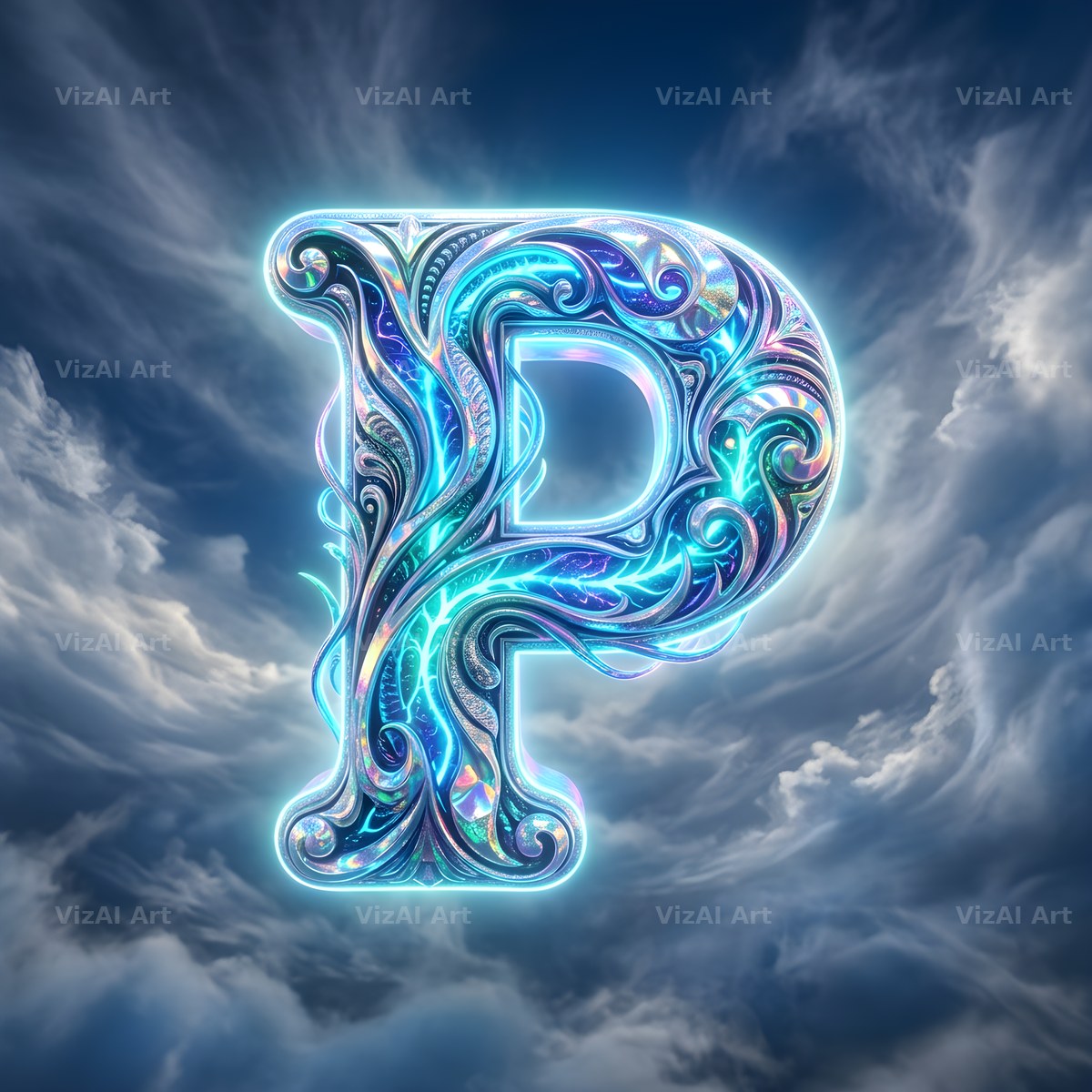 Cloud Sky Iridescent alphabet letter P