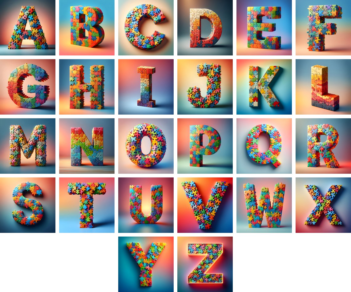 Jigsaw Puzzle Piece alphabet — all 26 letters