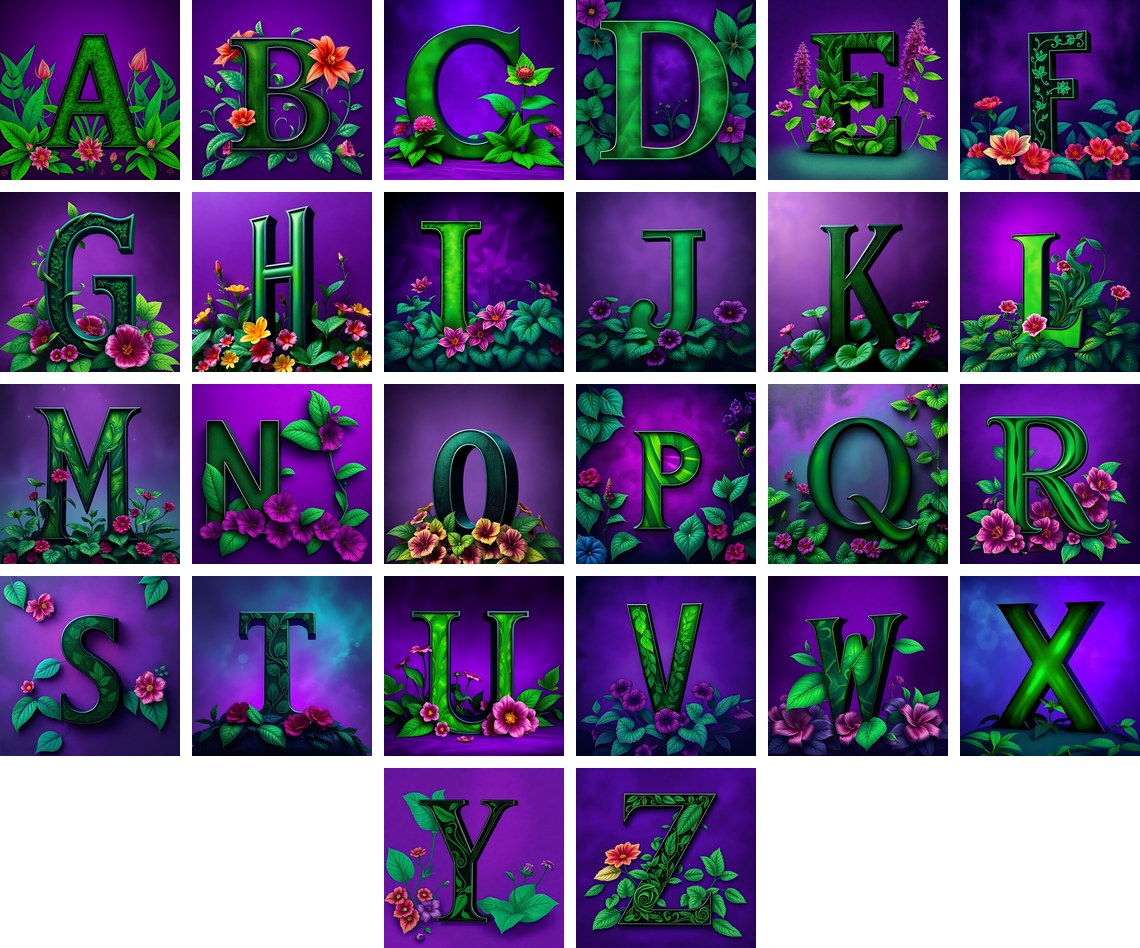 Jungle Flower Vine alphabet — all 26 letters