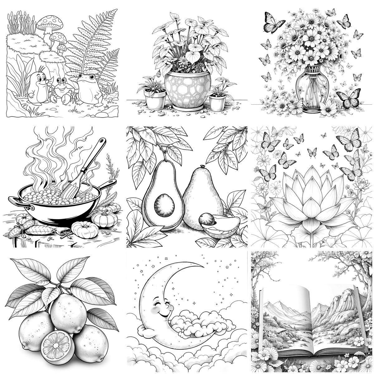 Nature, Flowers & Food Coloring Pages — preview grid