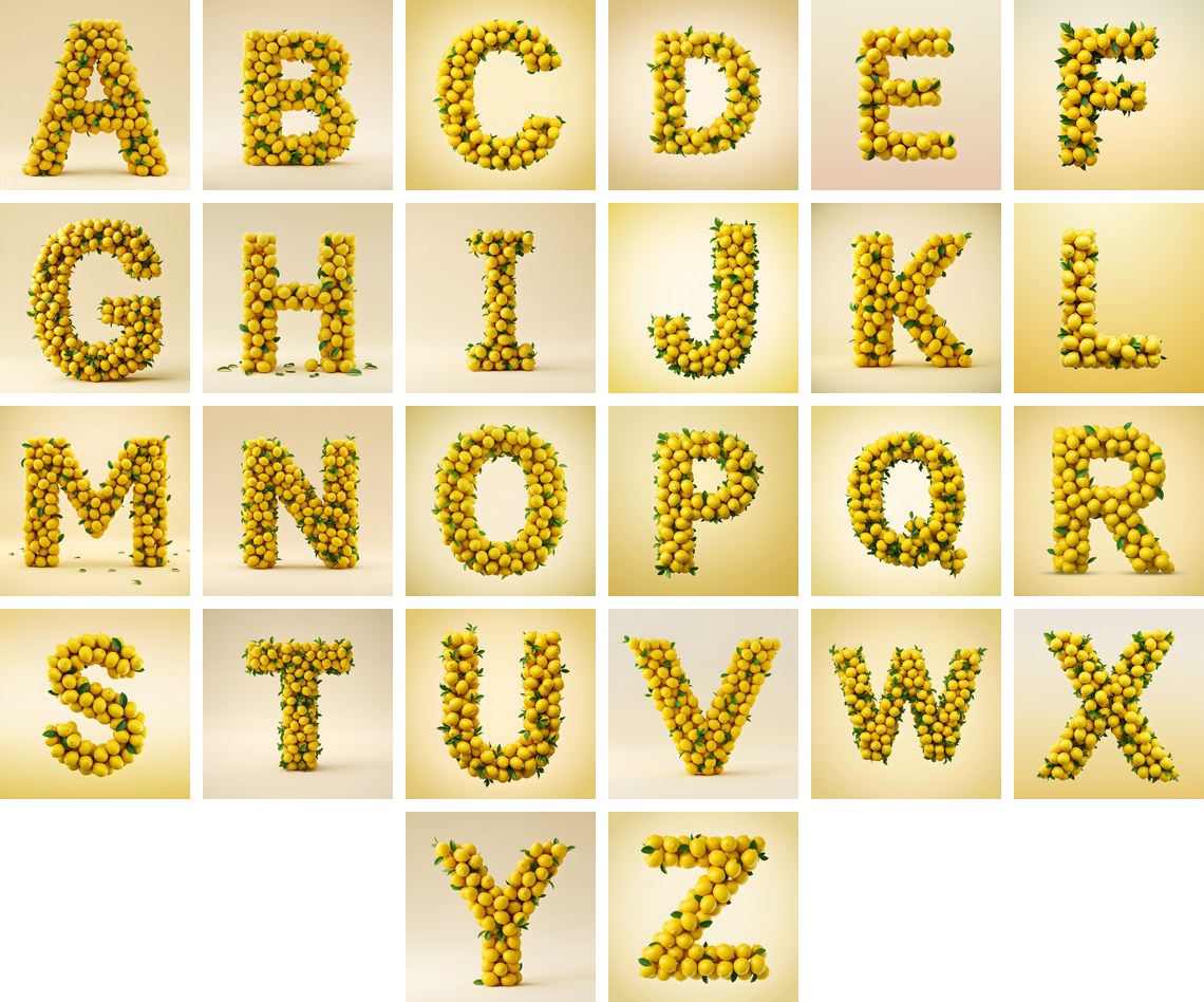 Lemon Grove Zest alphabet — all 26 letters