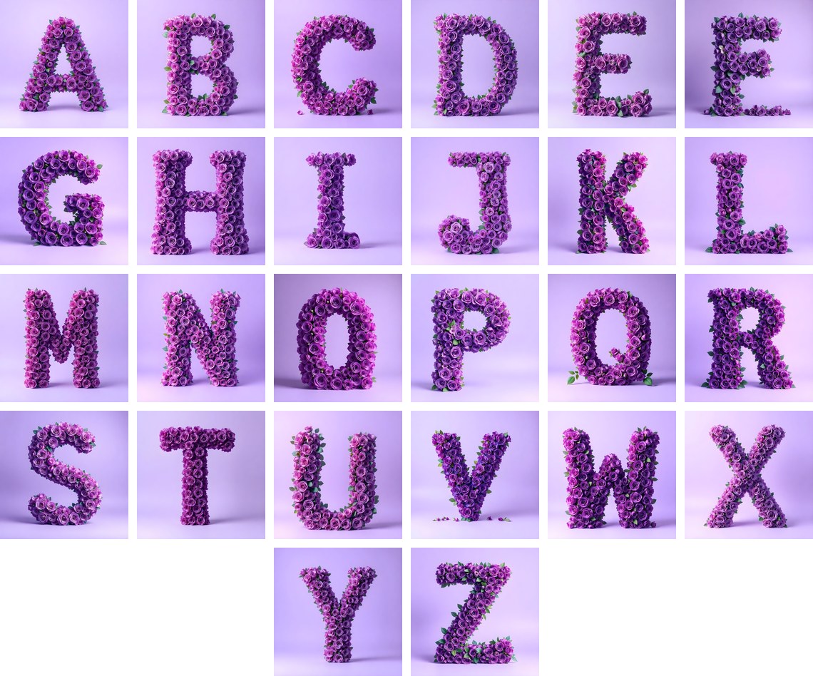 Lilac Rose Cluster alphabet — all 26 letters