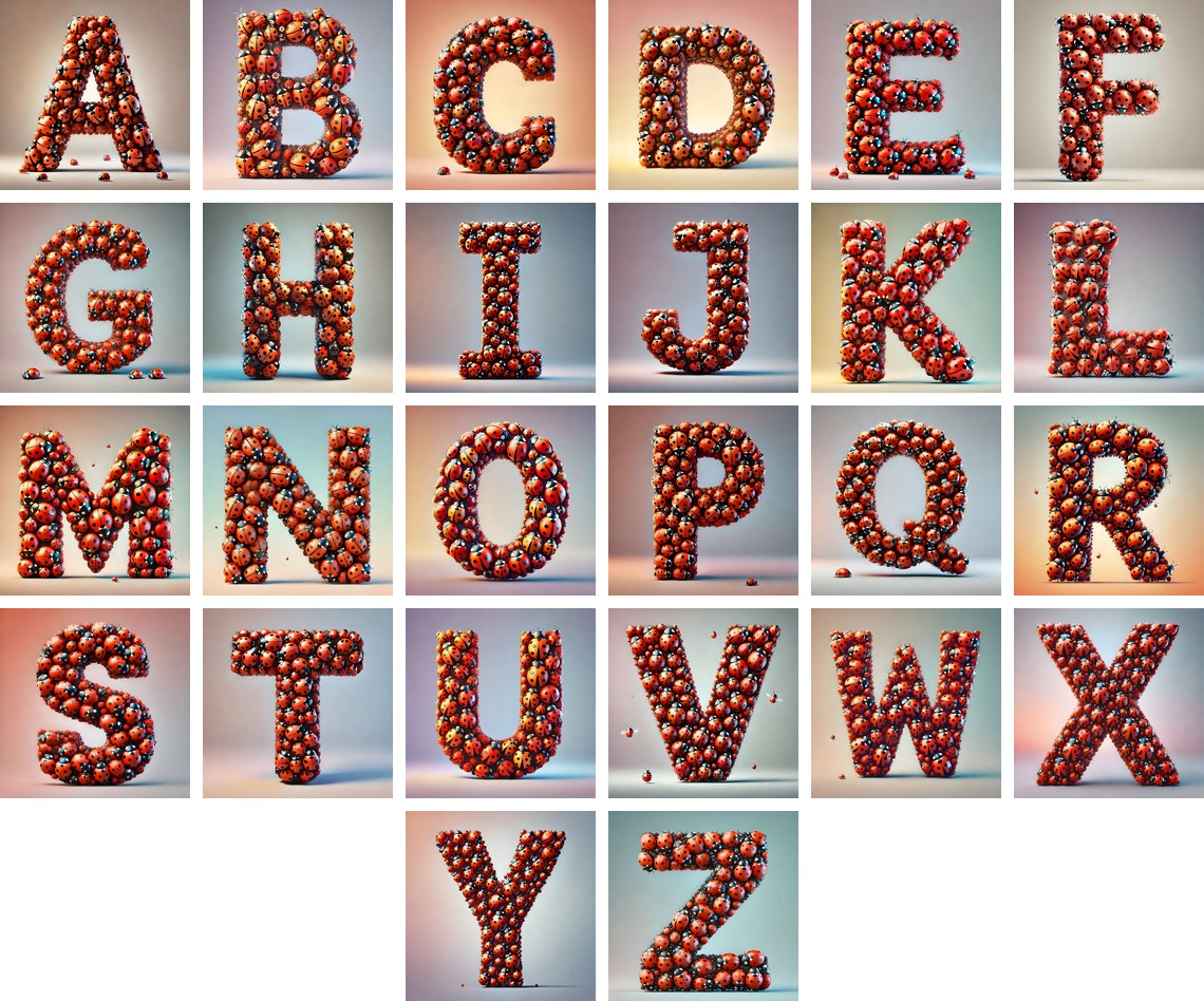 Ladybird Swarm Charm alphabet — all 26 letters