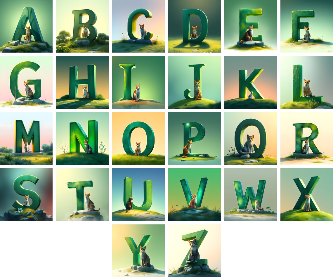 Meadow Cat Hillside alphabet — all 26 letters