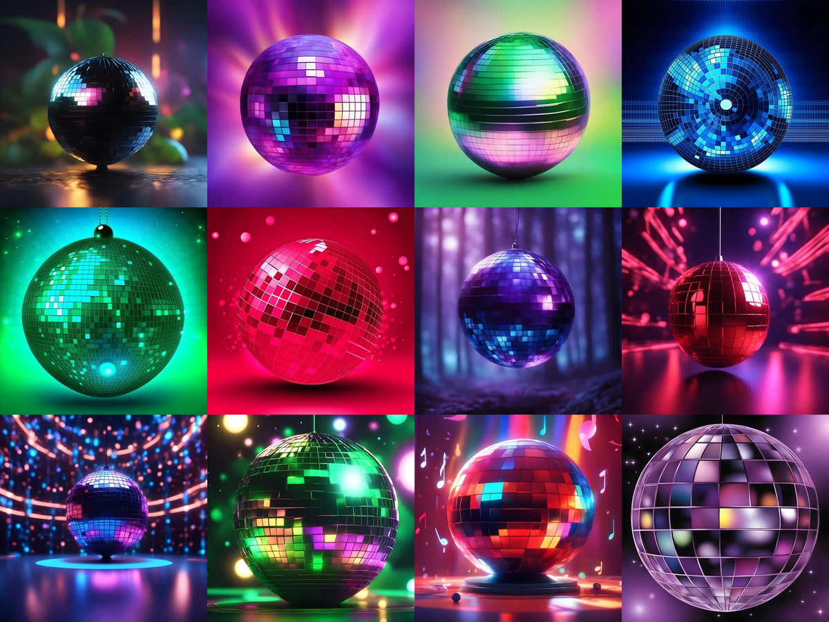 Neon Glow Disco Ball Art — 12 Printable Prints