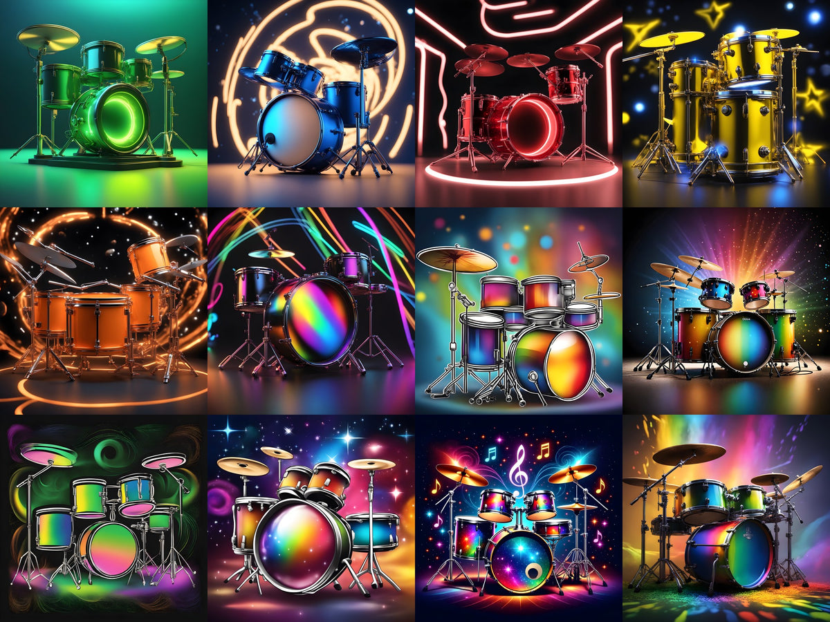 Neon Drum Kit Art — 12 Printable Prints