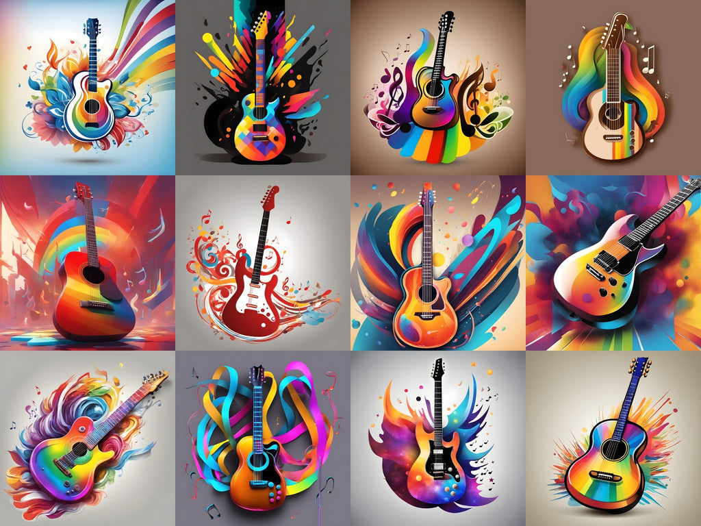 Rainbow Paint Splash Guitar Art — 12 Printable Prints