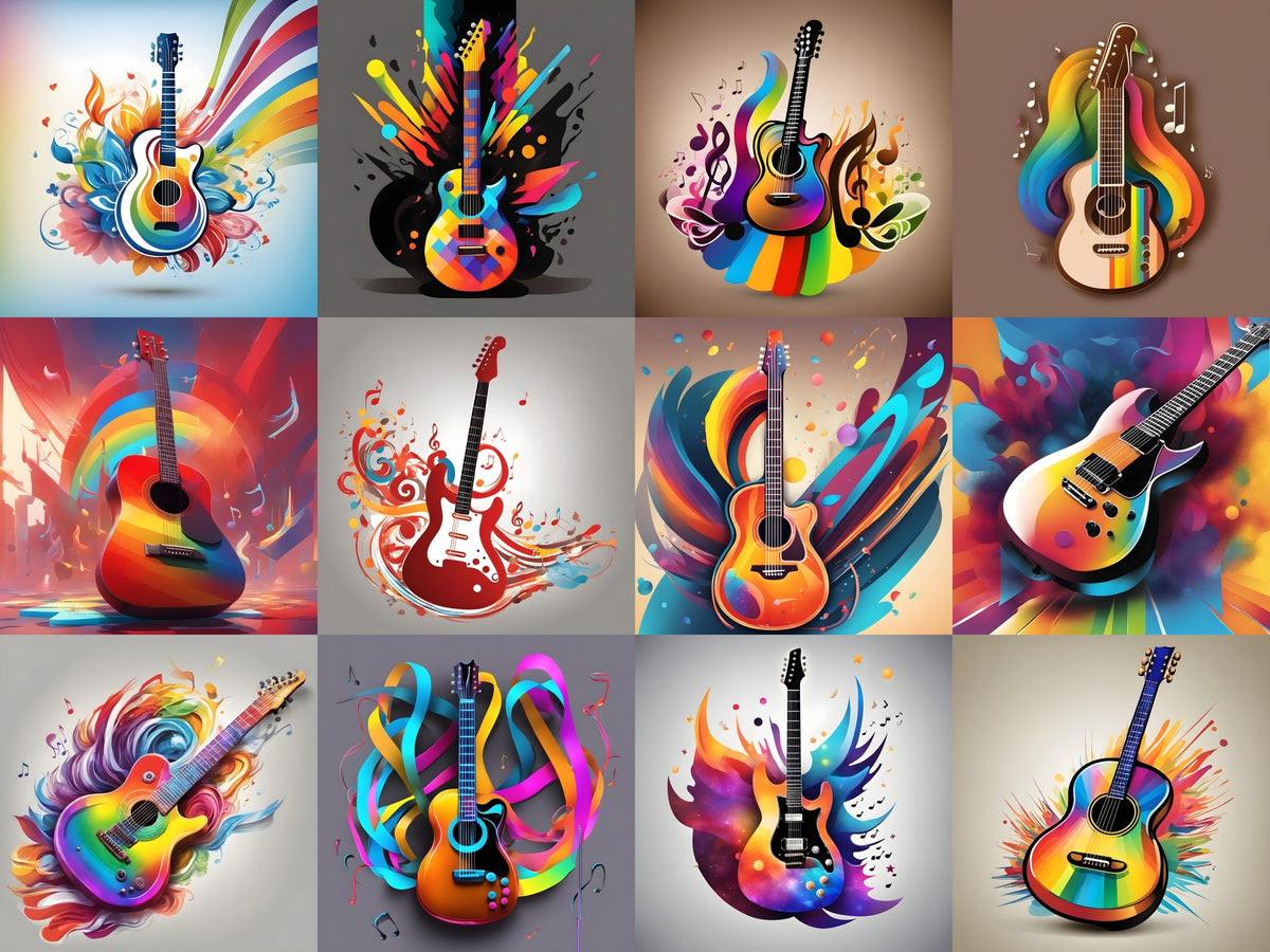Rainbow Paint Splash Guitar Art — 12 Printable Prints