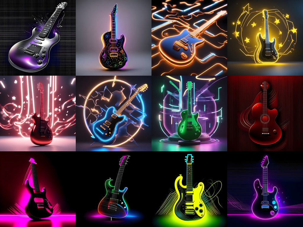 Neon Glow Electric Guitar Art — 12 Printable Prints