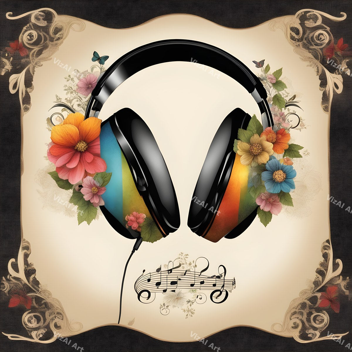 Vintage & Floral Headphones Art — print 3