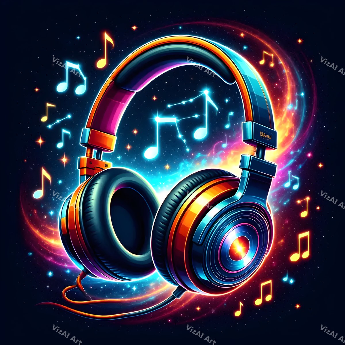 Neon & Music Notes Headphones Art — print 9