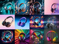 Neon & Music Notes Headphones Art — 12 Printable Prints