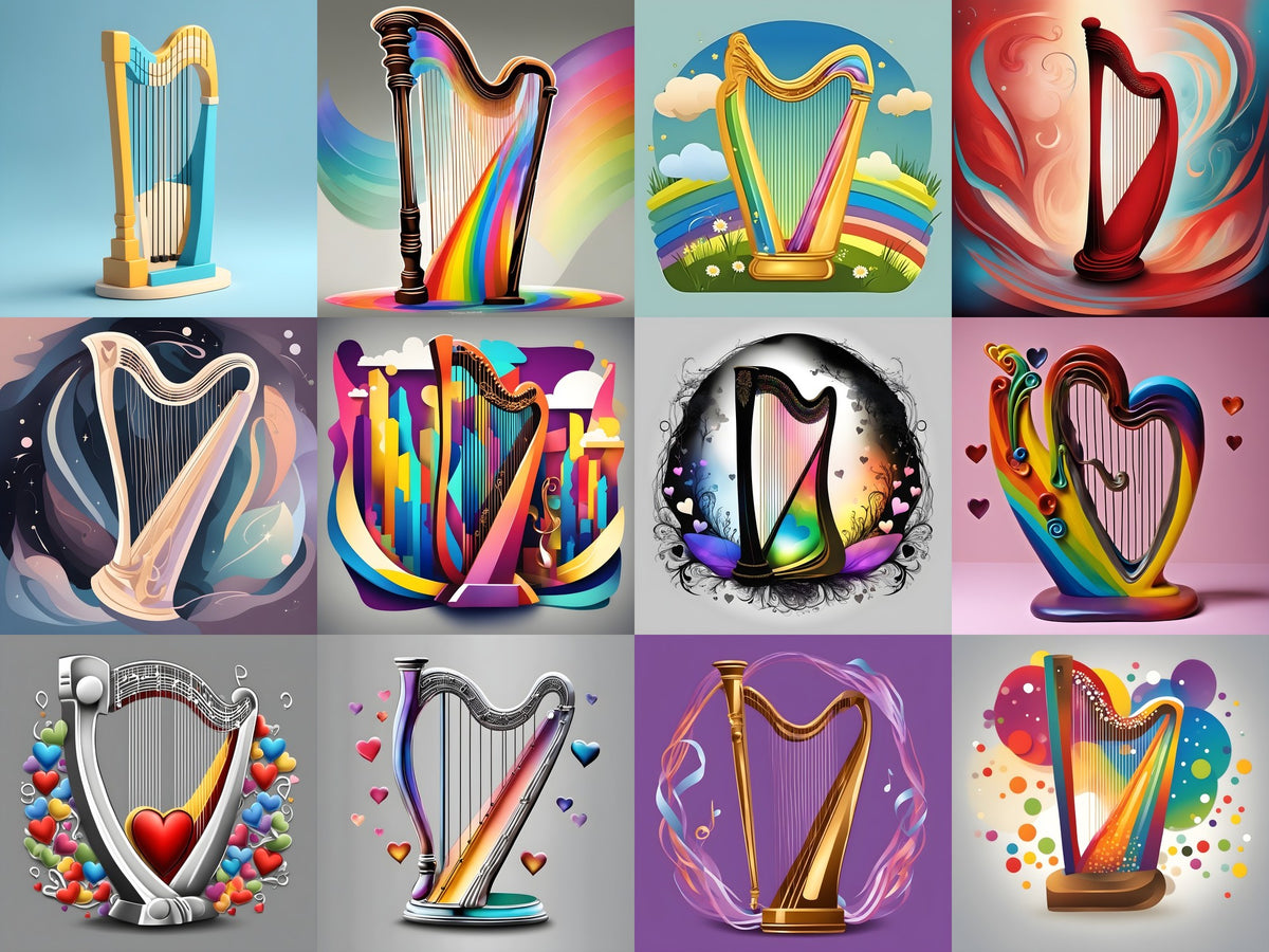 Playful Colour & Hearts Harp Art — Choose Your Print