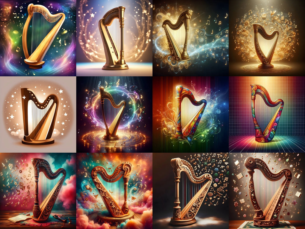 Celestial Golden Harp Art — 12 Printable Prints