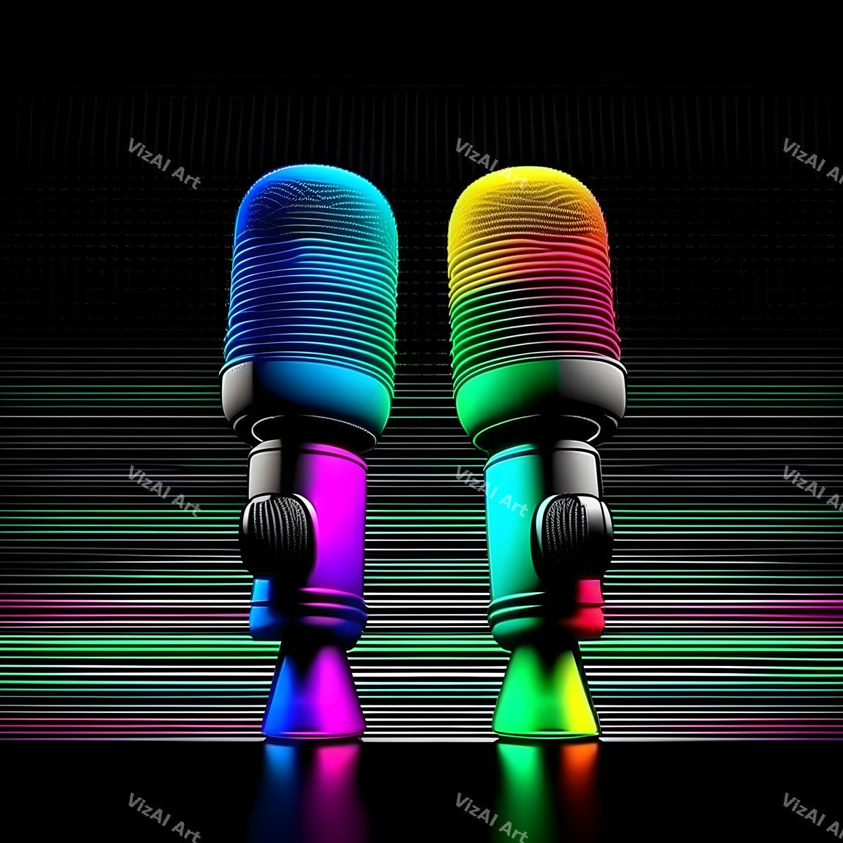 Neon Glow on Black Microphone Art — print 2