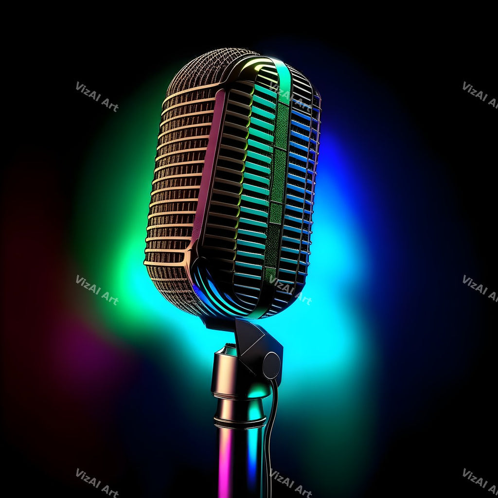 Neon Glow on Black Microphone Art — print 11