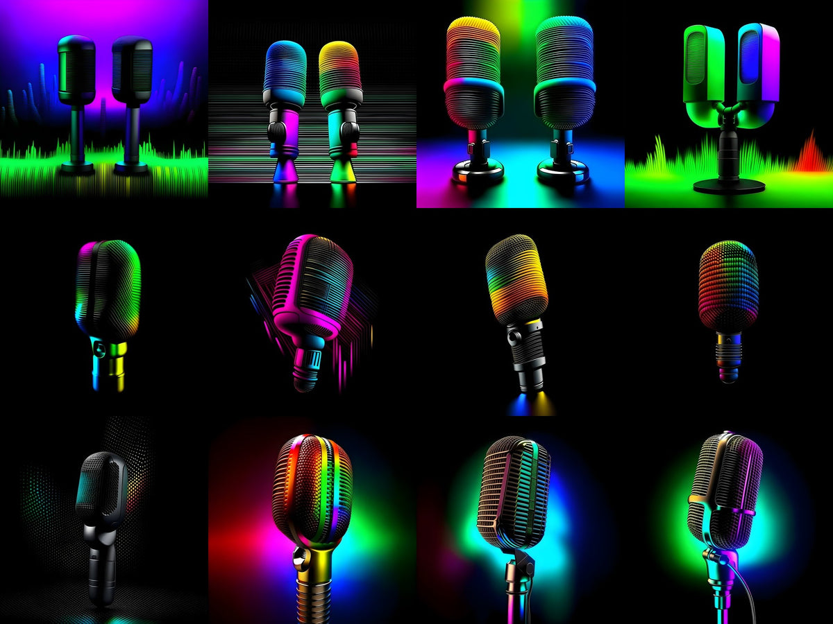 Neon Glow on Black Microphone Art — 12 Printable Prints