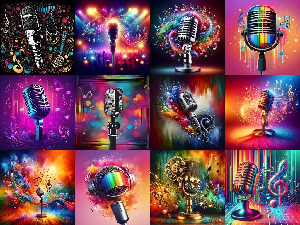 Swirling Music Notes Microphone Art — 12 Printable Prints