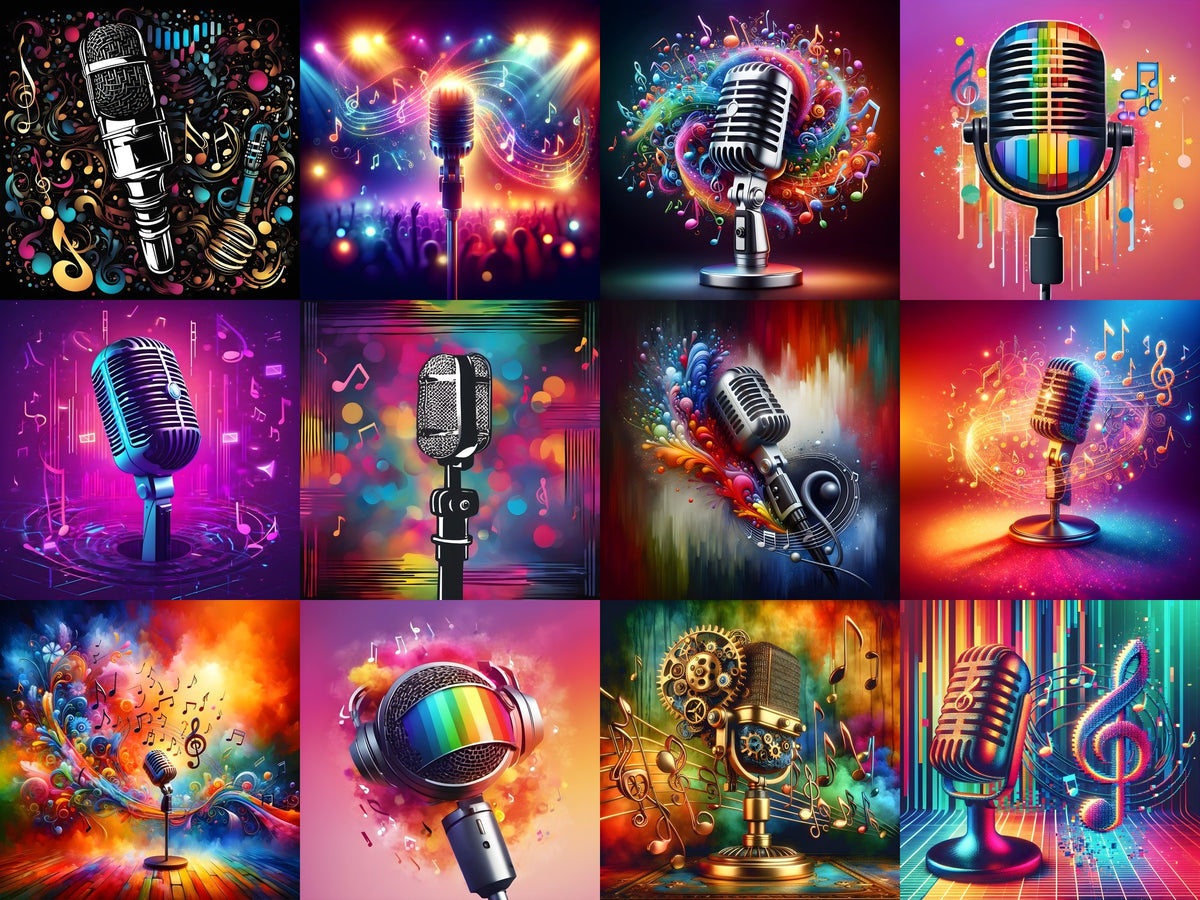 Swirling Music Notes Microphone Art — 12 Printable Prints
