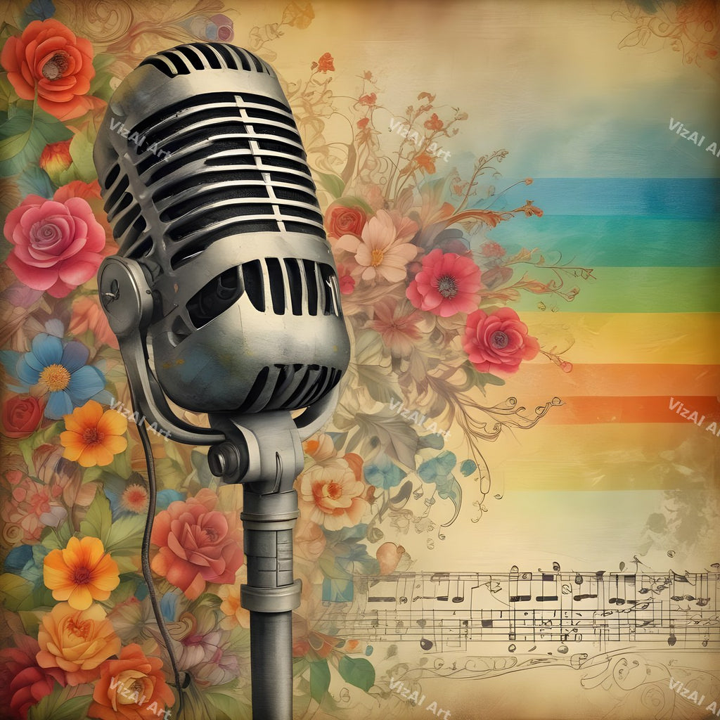 Vintage Roses & Sheet Music Microphone Art — print 5