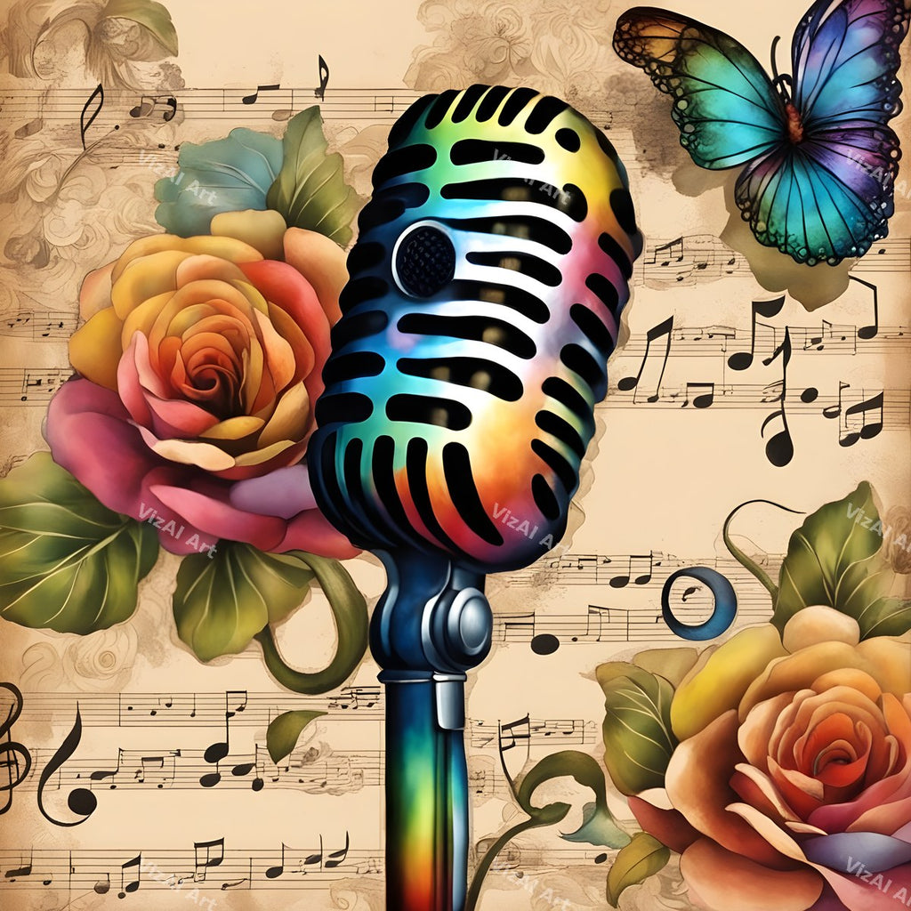 Vintage Roses & Sheet Music Microphone Art — print 8
