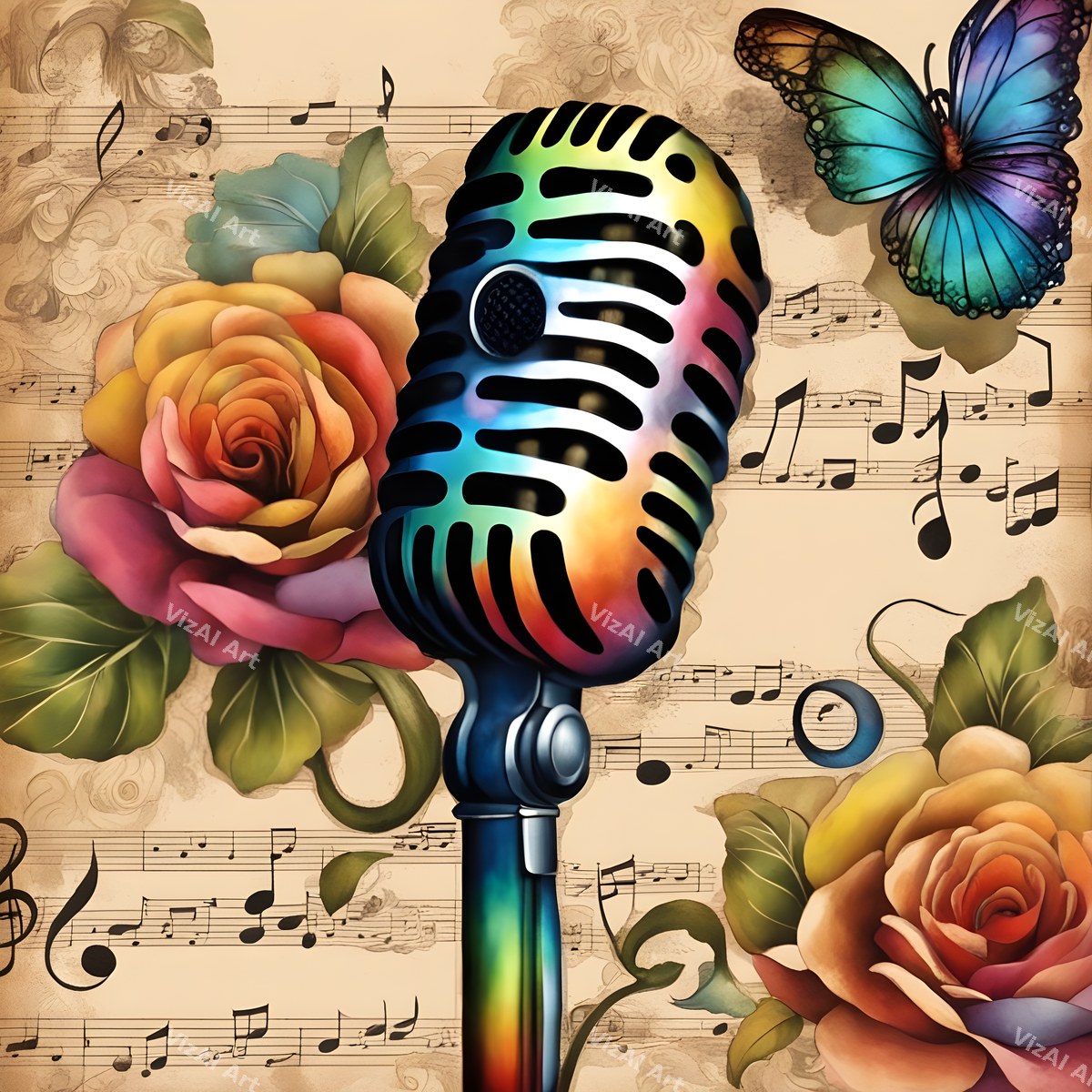 Vintage Roses & Sheet Music Microphone Art — print 8