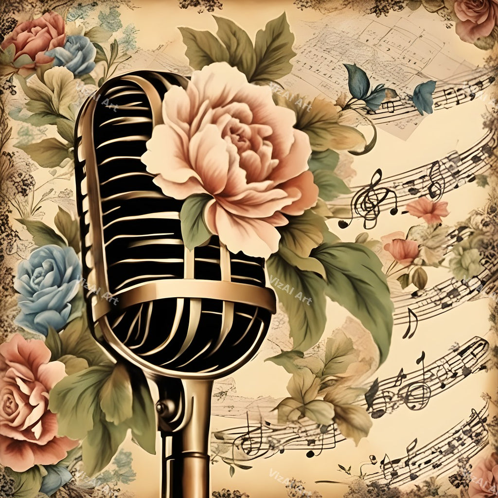 Vintage Roses & Sheet Music Microphone Art — print 11