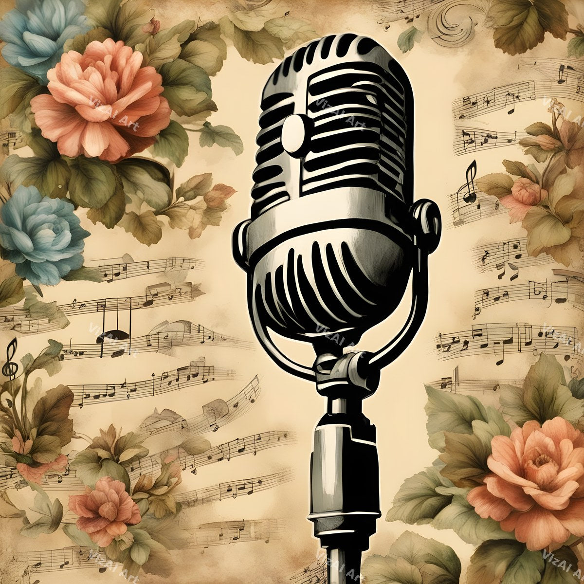 Vintage Roses & Sheet Music Microphone Art — print 12