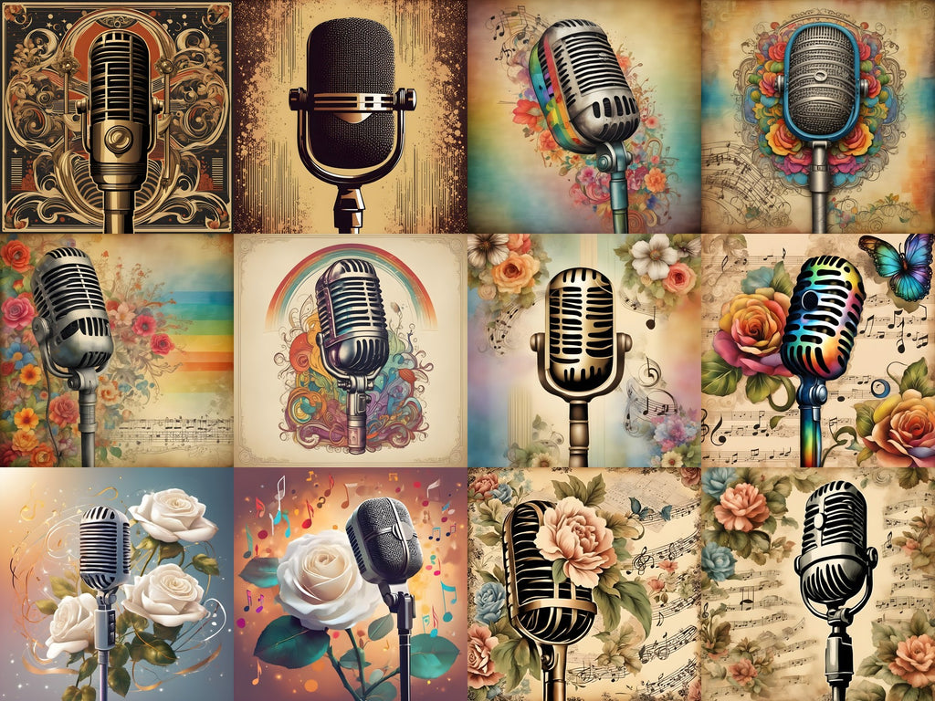 Vintage Roses & Sheet Music Microphone Art — 12 Printable Prints