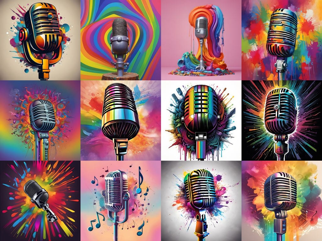 Ink Splatter Vintage Microphone Art — 12 Printable Prints