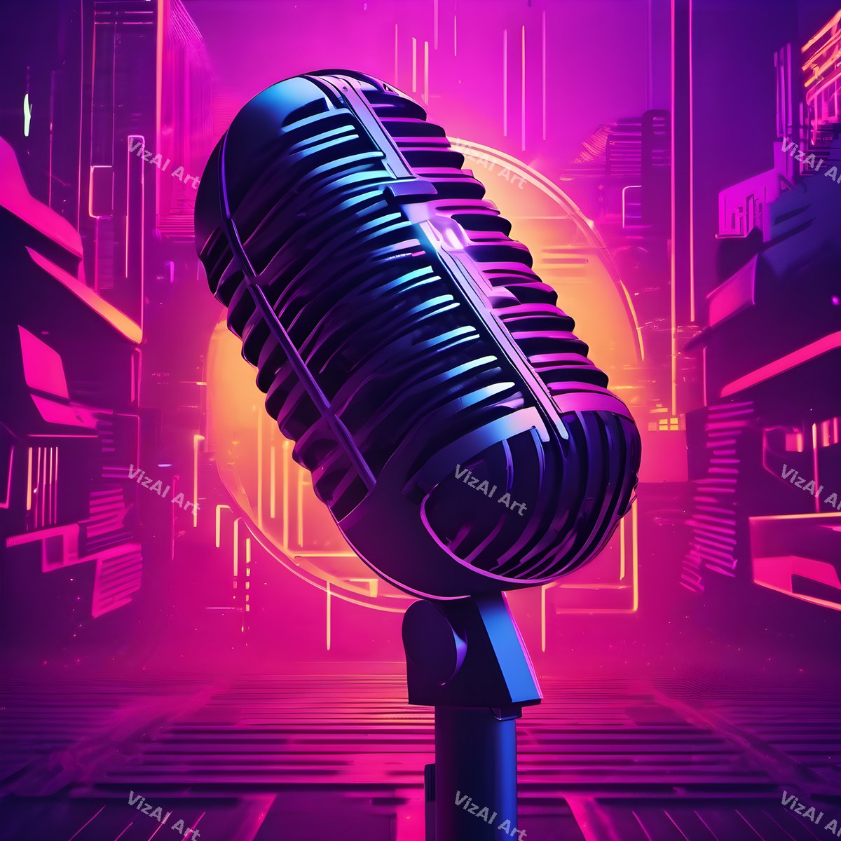 Cyber Neon City Microphone Art — print 6