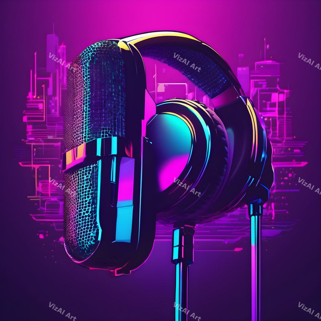 Cyber Neon City Microphone Art — print 8