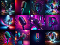 Cyber Neon City Microphone Art — 12 Printable Prints