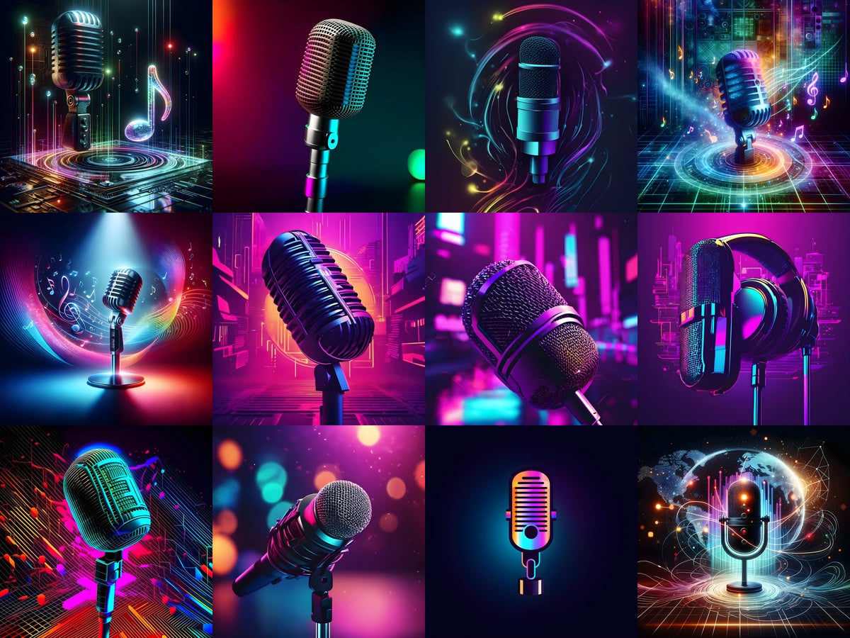 Cyber Neon City Microphone Art — 12 Printable Prints
