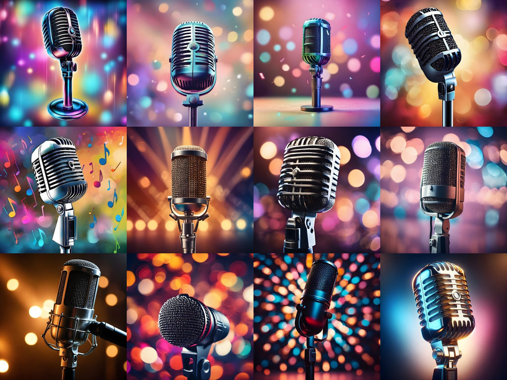 Bokeh Stage Lights Vintage Microphone Art — 12 Printable Prints
