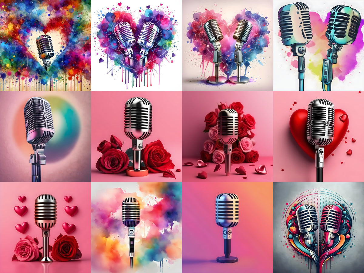 Hearts & Roses Love Song Microphone Art — 12 Printable Prints