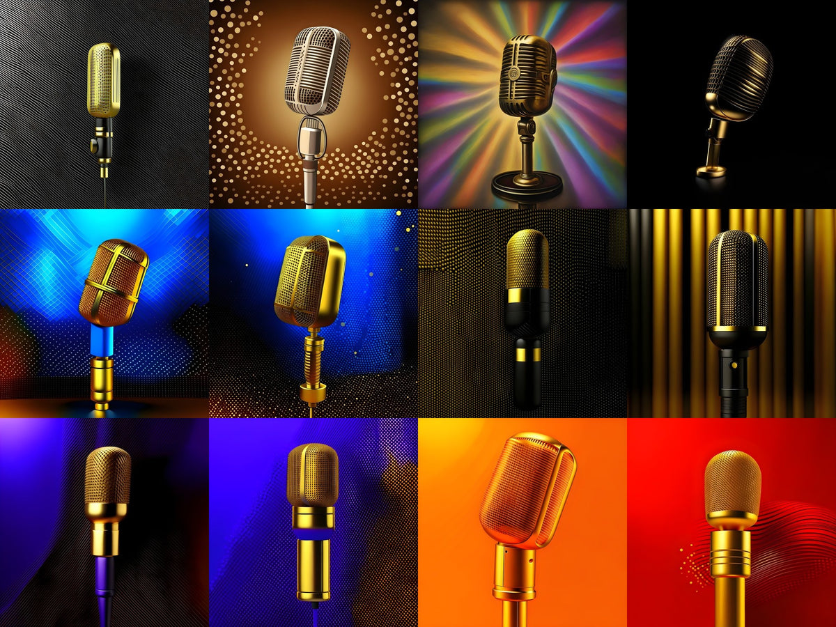 Golden Spotlight Microphone Art — 12 Printable Prints