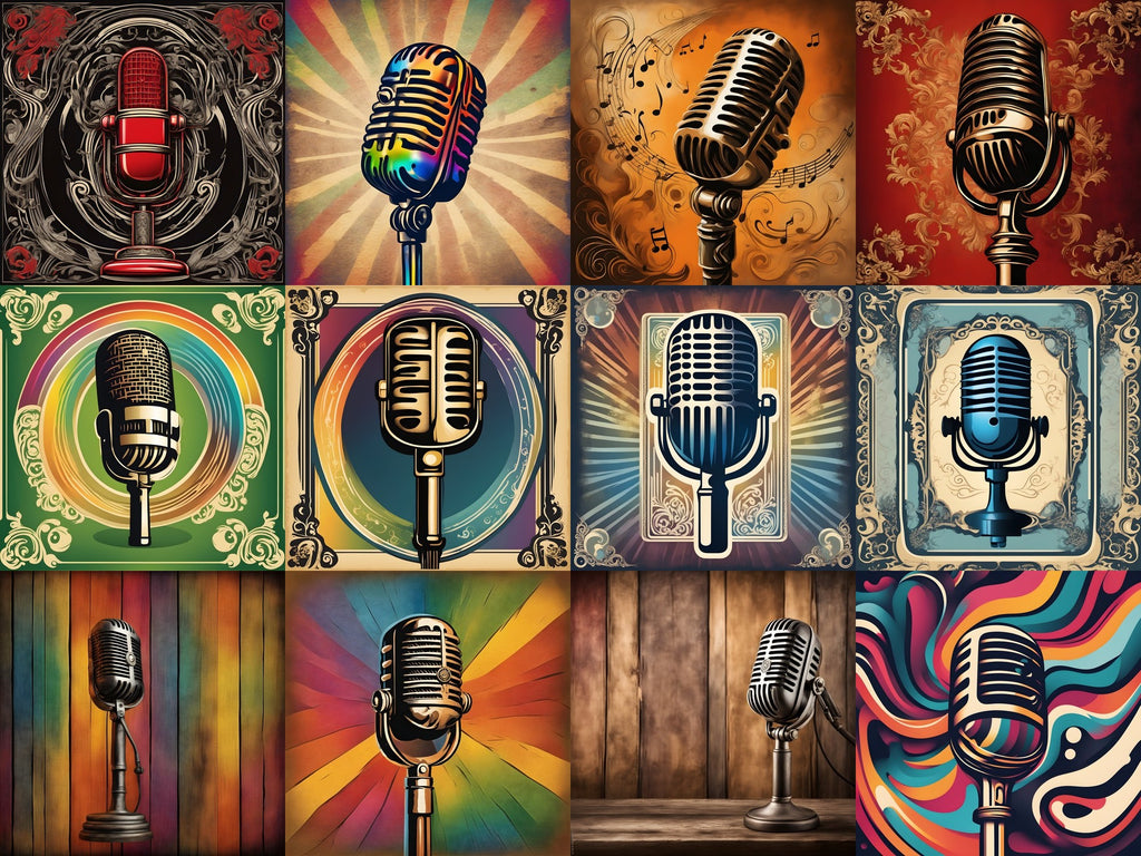 Aged Poster Retro Microphone Art — 12 Printable Prints