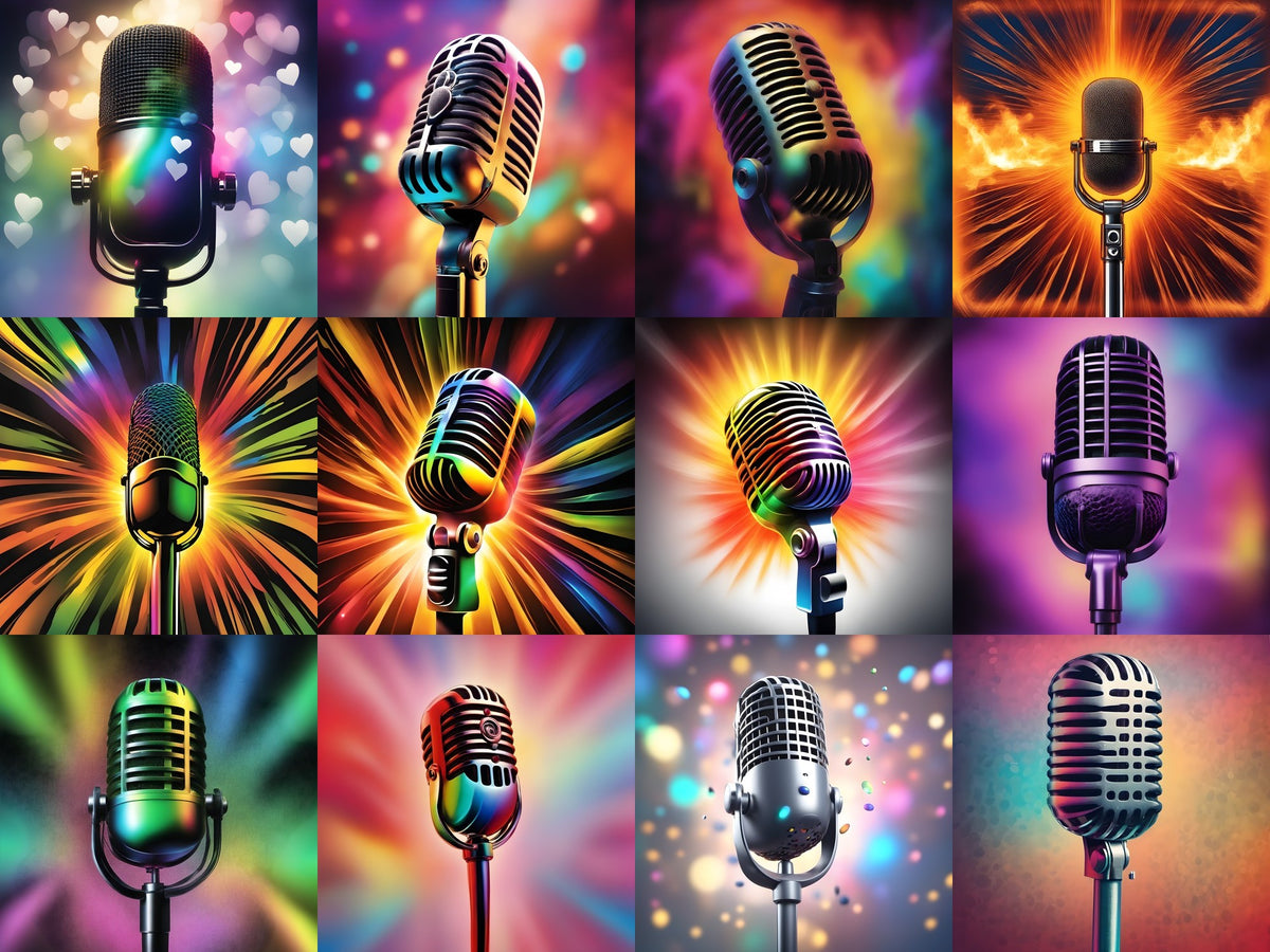Colour Burst Spotlight Microphone Art — 12 Printable Prints