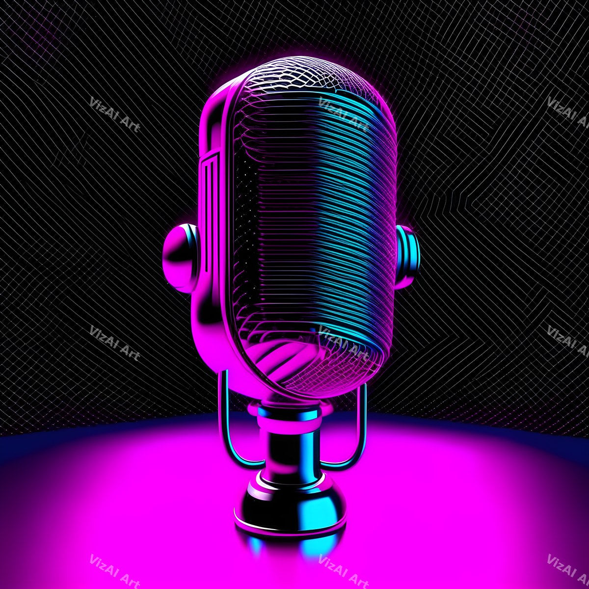 Neon Wireframe Microphone Art — print 3