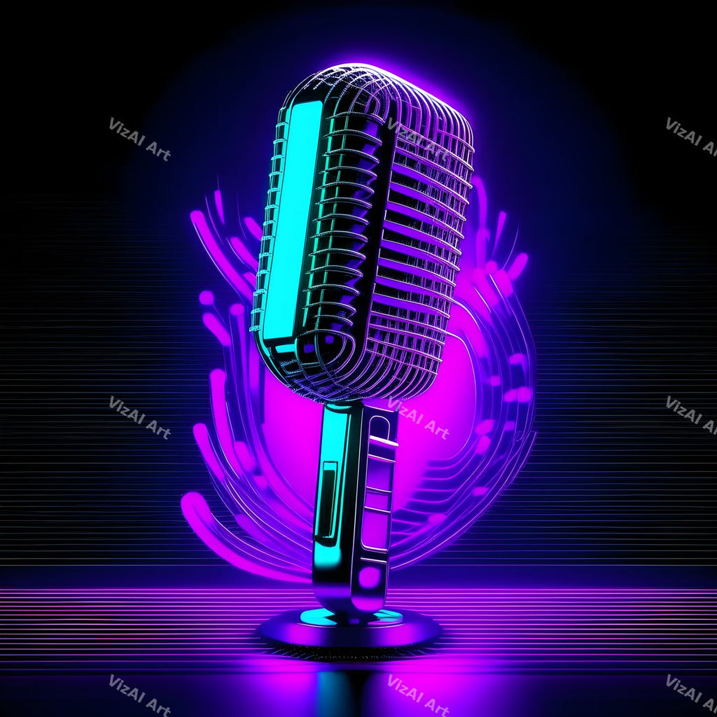 Neon Wireframe Microphone Art — print 10