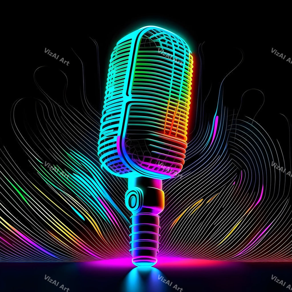 Neon Wireframe Microphone Art — print 12