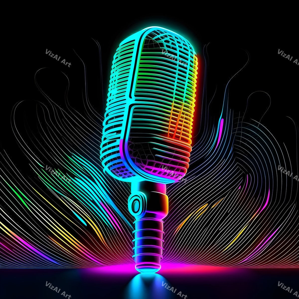 Neon Wireframe Microphone Art — print 12