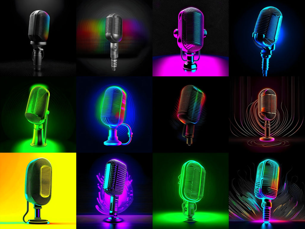 Neon Wireframe Microphone Art — 12 Printable Prints