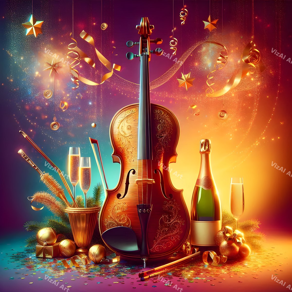 New Year Champagne & Strings Music Art — print 6