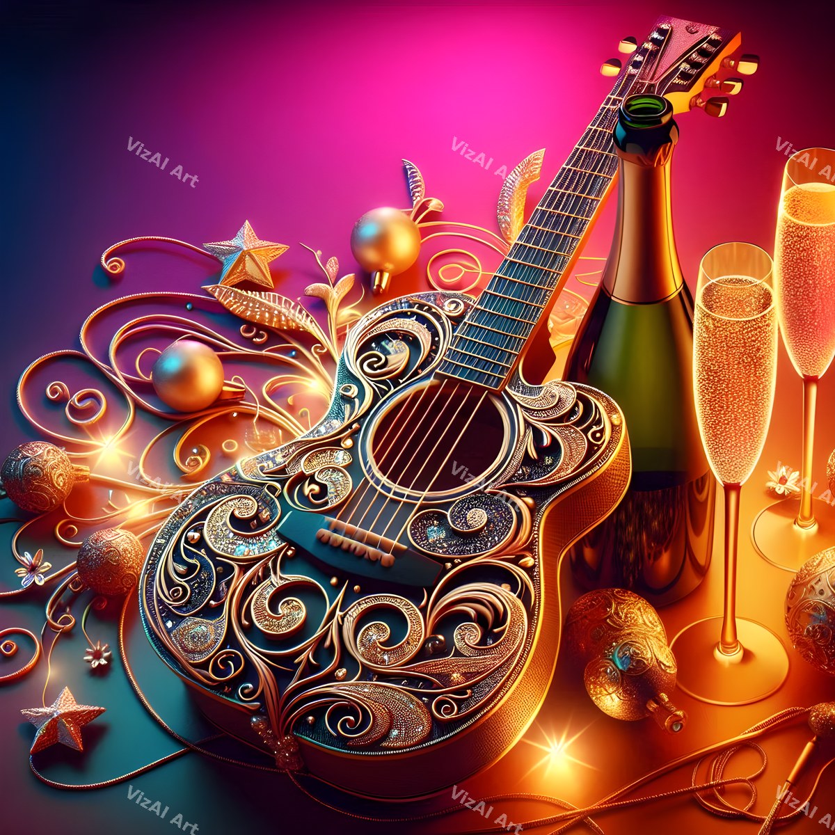 New Year Champagne & Strings Music Art — print 8
